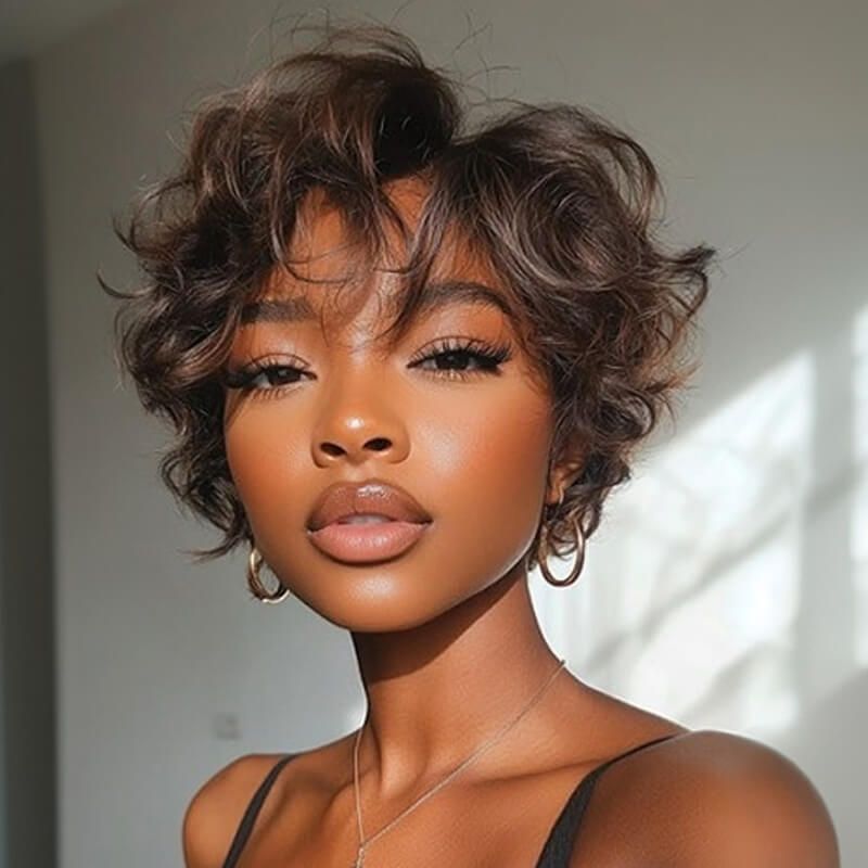 Wig short brown wavy women