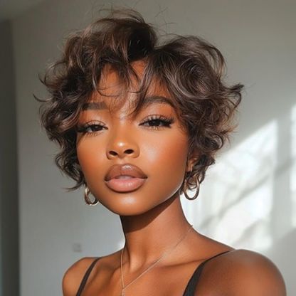 Wig short brown wavy women