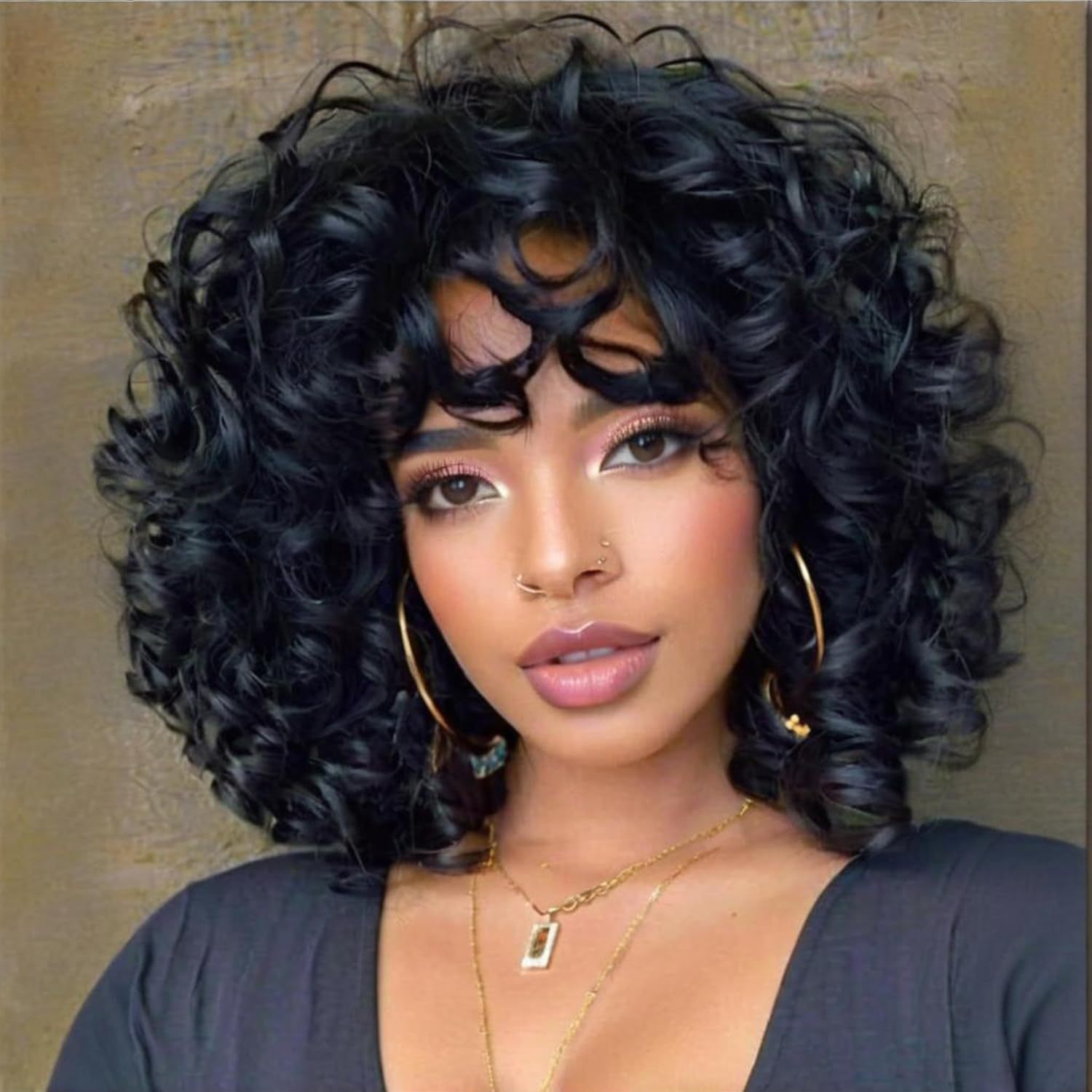Women's Short Black Curly Wig with Bangs - Natural-Looking Synthetic Hair for Daily Wear & Parties