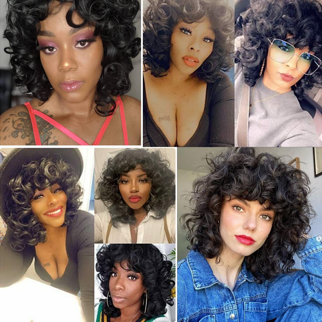 Women's Short Black Curly Wig with Bangs - Natural-Looking Synthetic Hair for Daily Wear & Parties