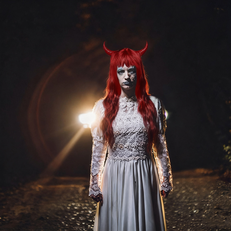 Devil Horn Red Black Wavy Wig for Halloween/Cosplay