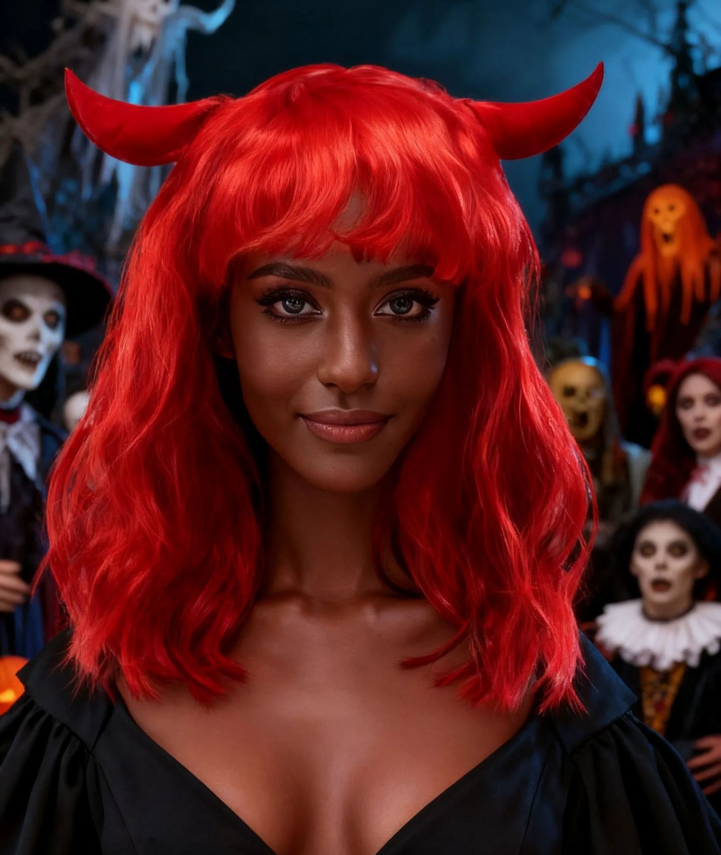 Devil Horn Red Black Wavy Wig for Halloween/Cosplay