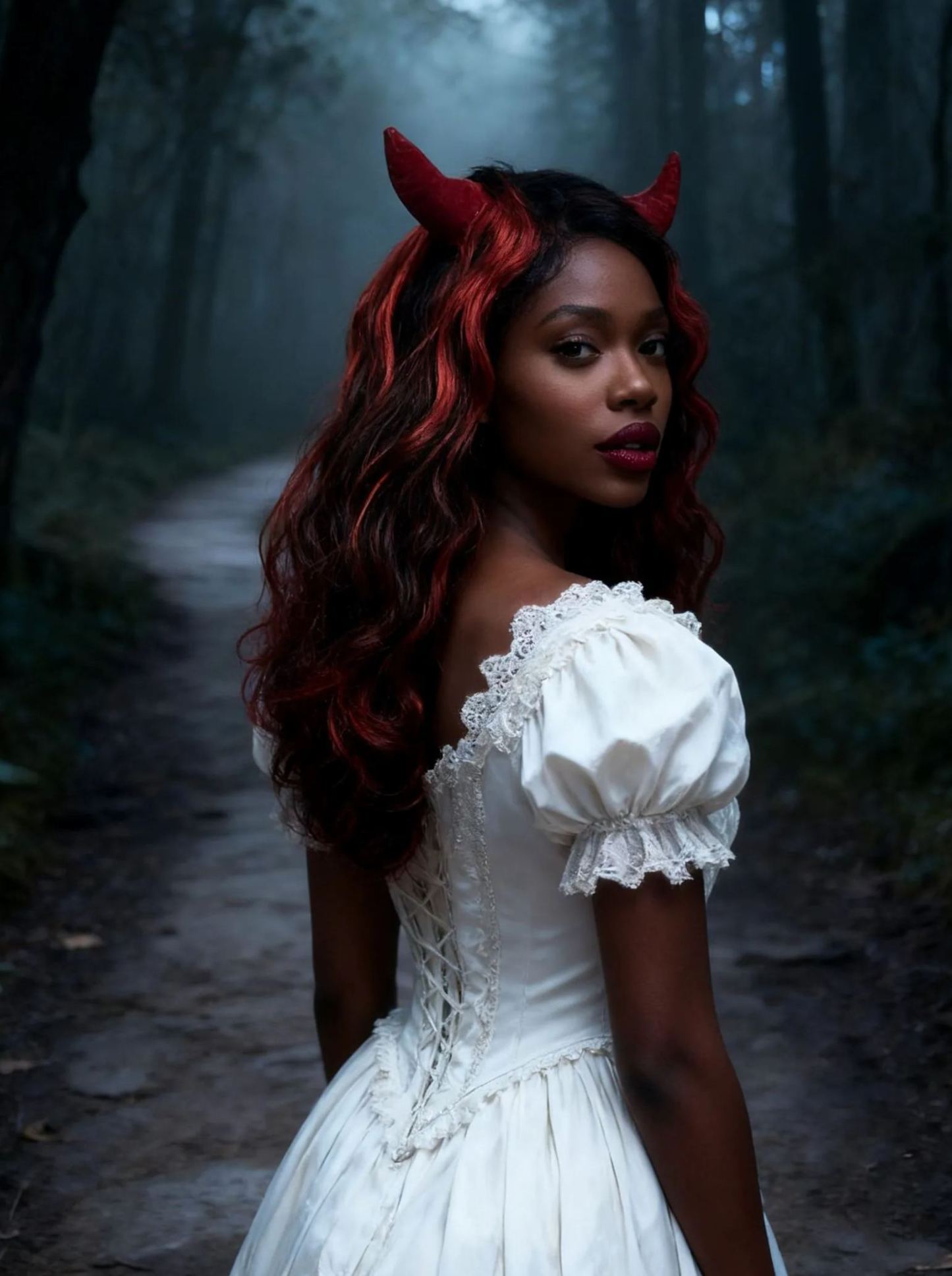 Devil Horn Red Black Wavy Wig for Halloween/Cosplay