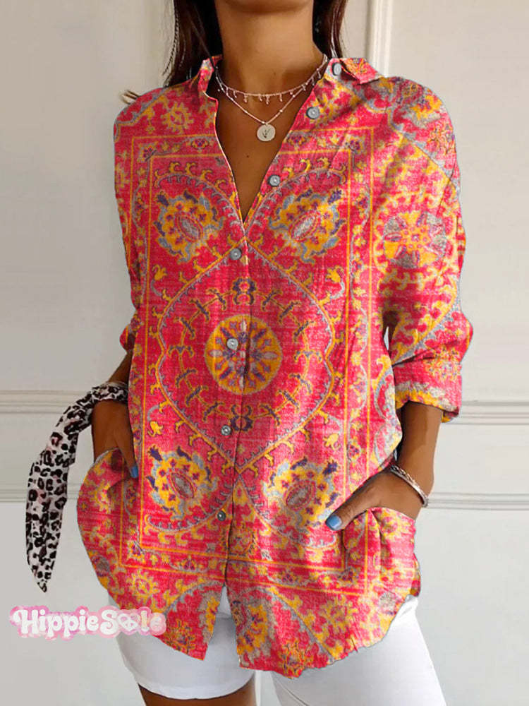 Women’s Colorful Retro Totem Print Casual Cotton Shirt Brightred / S