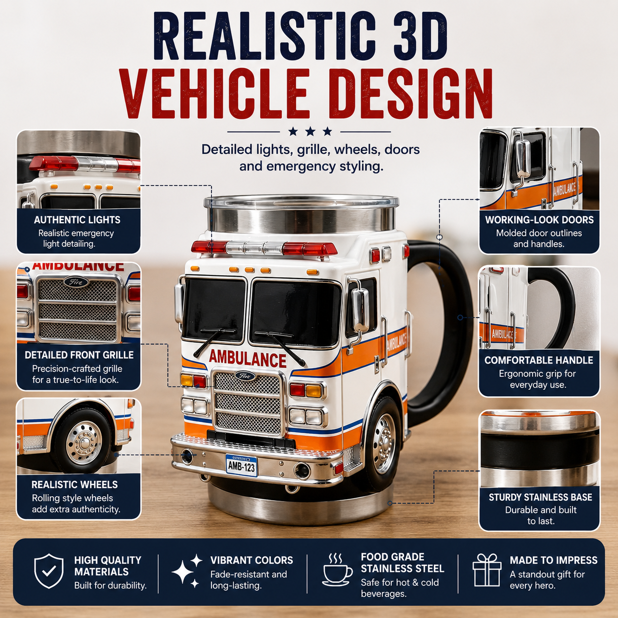 Realistic 3D Emergency Vehicle Mug Details