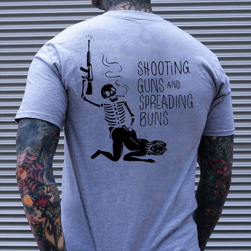 SHOOTING GUNS AND SPREADING BUNS Skull with Sexy Lady Print T-shirt