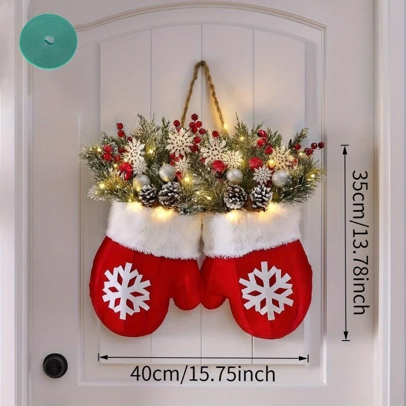 🎄🎅Sparkling Christmas Wreath with Gloves and Artificial Flowers（With light）