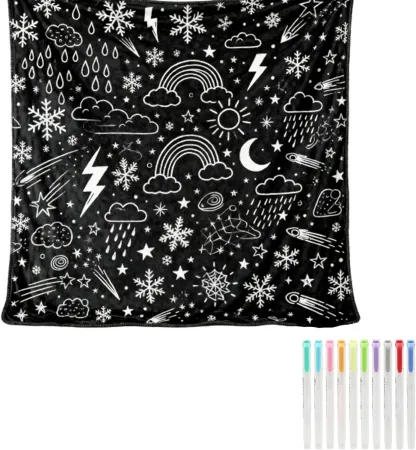 DIY Coloring Blanket 50x60 Inch Fleece Throw for Kids & Adults with 24 Marker Pens