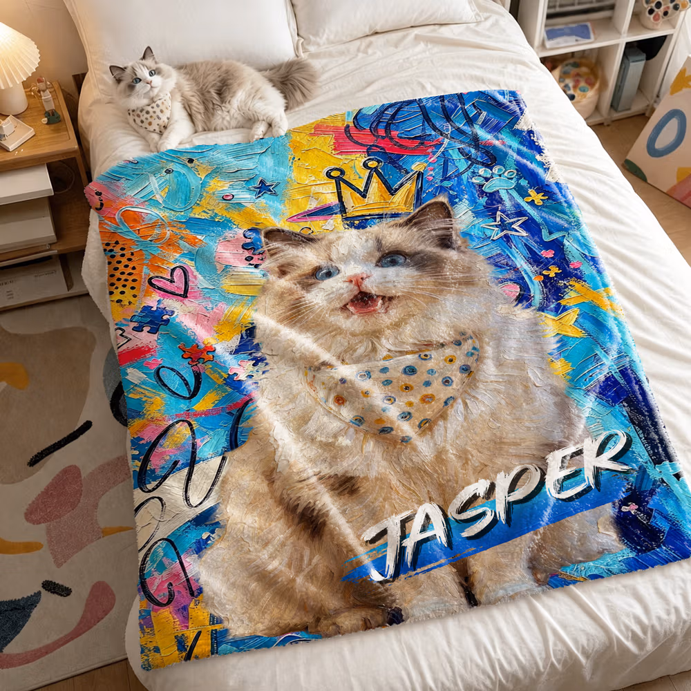 Personalized Graffiti Oil Pet Photo Soft Throw Blanket with Name Home Decor Daily Use Birthday Gift for Pet Lovers Family