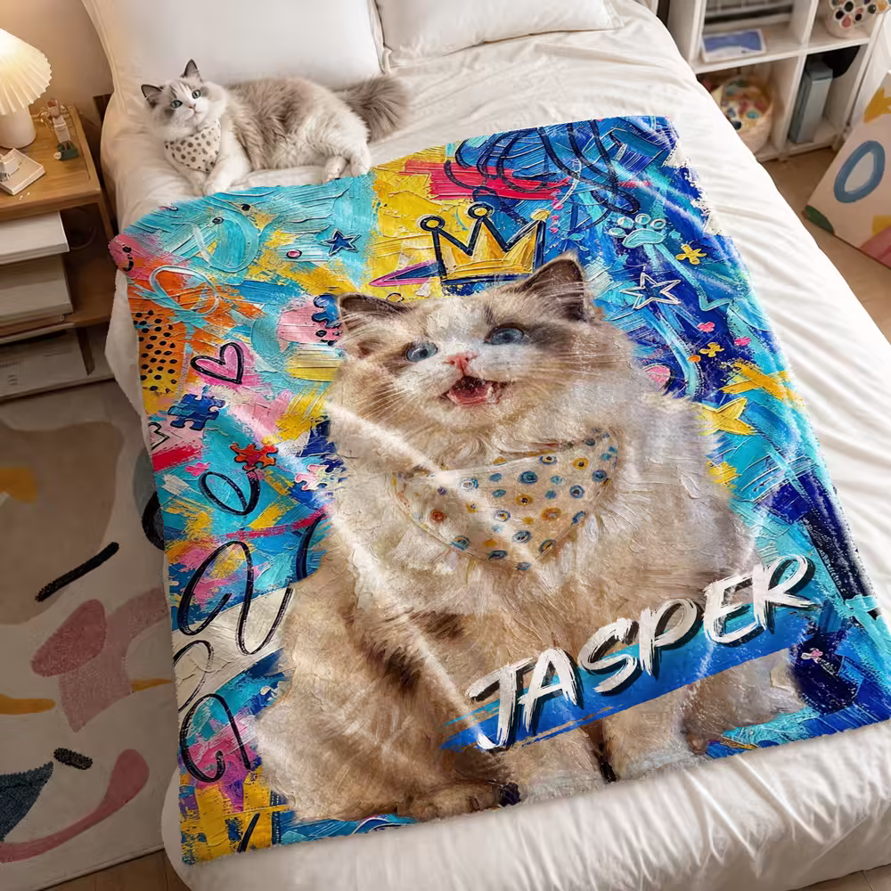Personalized Graffiti Oil Pet Photo Soft Throw Blanket with Name Home Decor Daily Use Birthday Gift for Pet Lovers Family
