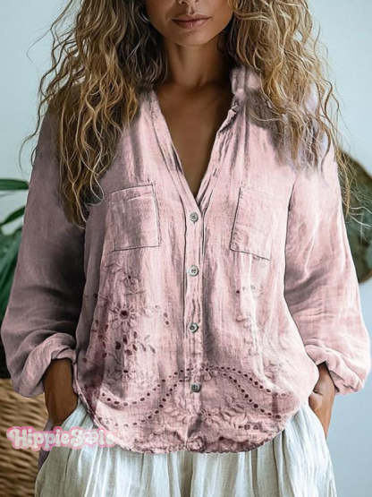 Women’s Floral Textured Art Patterns Prints Long Sleeve Comfortable Cotton Shirt Pink / S