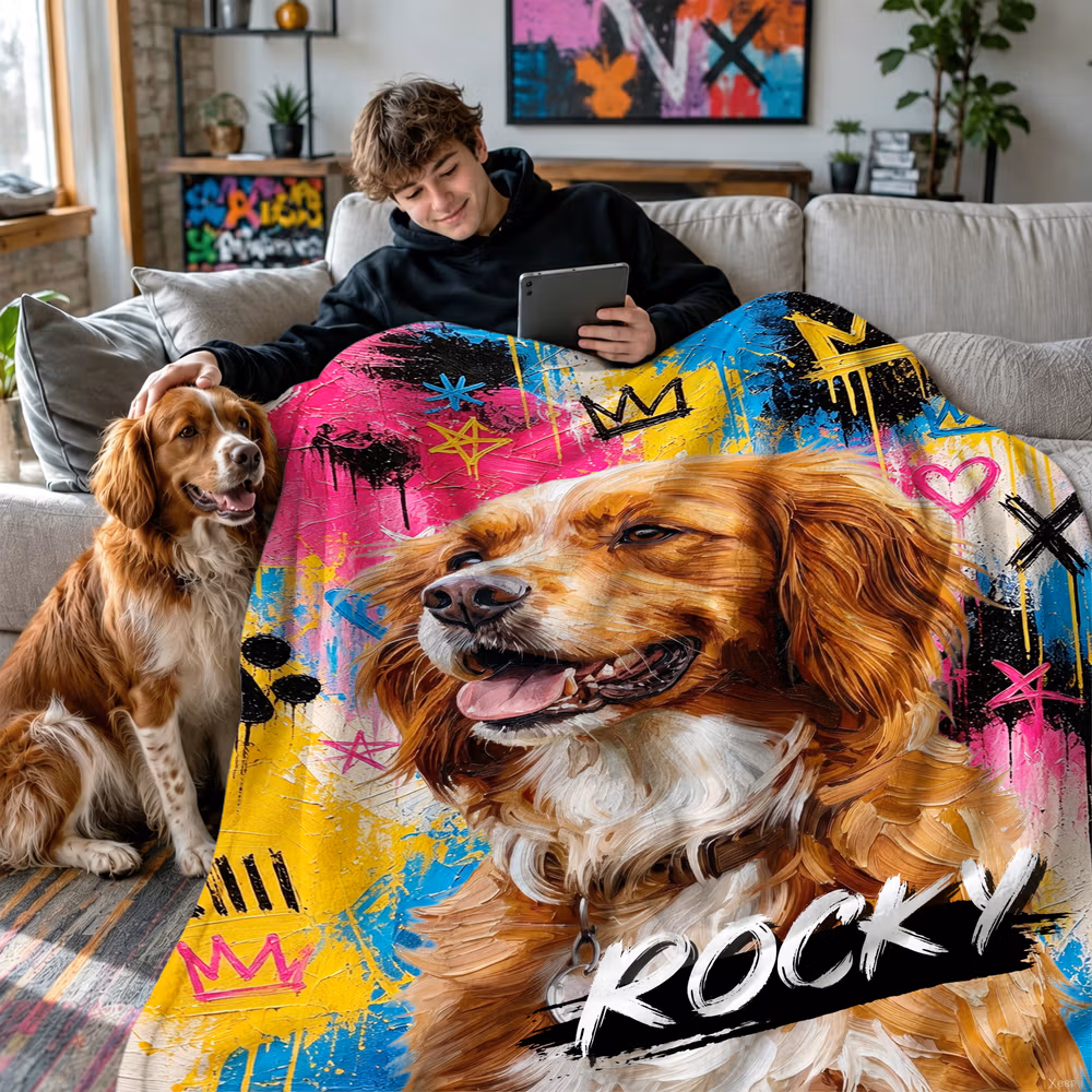 Personalized Graffiti Oil Pet Photo Soft Throw Blanket with Name Home Decor Daily Use Birthday Gift for Pet Lovers Family