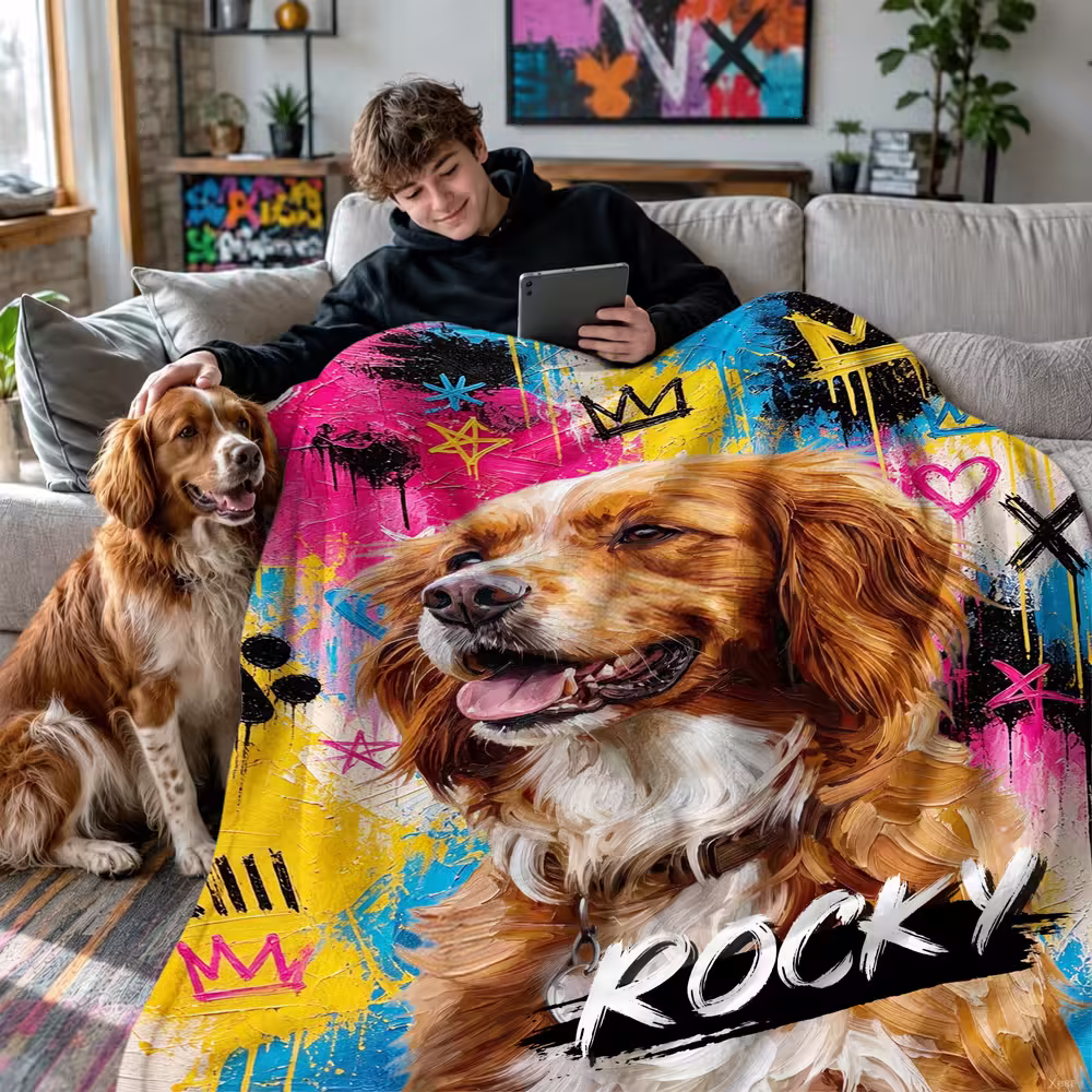 Personalized Graffiti Oil Pet Photo Soft Throw Blanket with Name Home Decor Daily Use Birthday Gift for Pet Lovers Family
