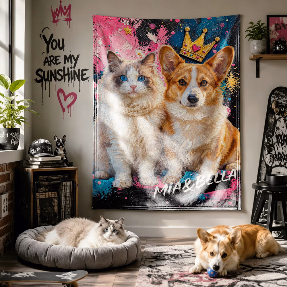 Personalized Graffiti Oil Pet Photo Soft Throw Blanket with Name Home Decor Daily Use Birthday Gift for Pet Lovers Family