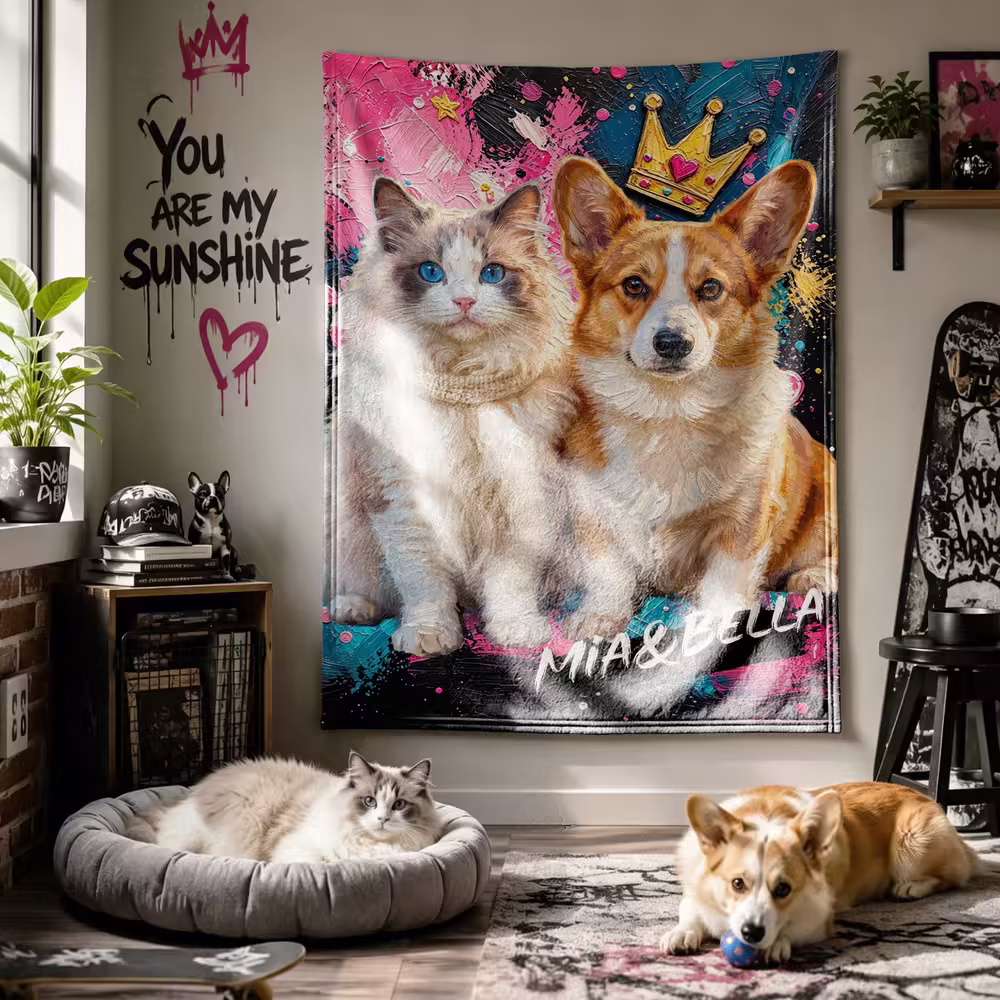 Personalized Graffiti Oil Pet Photo Soft Throw Blanket with Name Home Decor Daily Use Birthday Gift for Pet Lovers Family