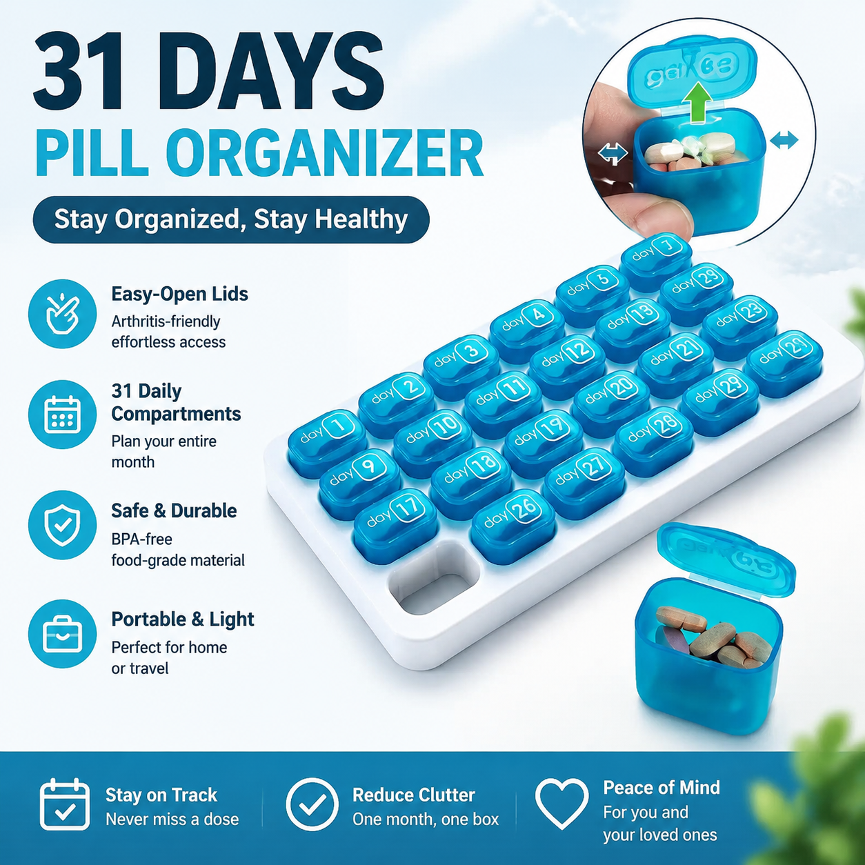 💥Hot Sale 50% OFF💊31 Days Pill Box-Monthly Pill Organizer-Arthritis-Friendly Easy-Open Lids