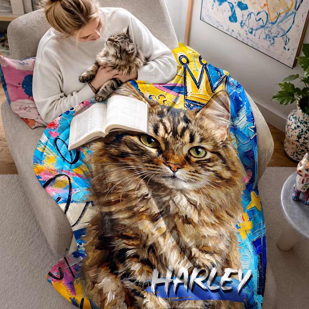 Personalized Graffiti Oil Pet Photo Soft Throw Blanket with Name Home Decor Daily Use Birthday Gift for Pet Lovers Family
