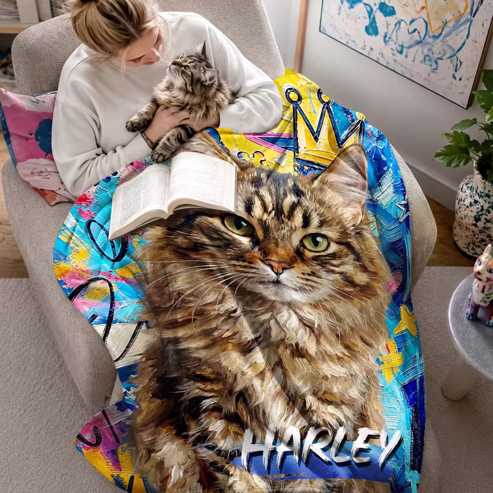 Personalized Graffiti Oil Pet Photo Soft Throw Blanket with Name Home Decor Daily Use Birthday Gift for Pet Lovers Family
