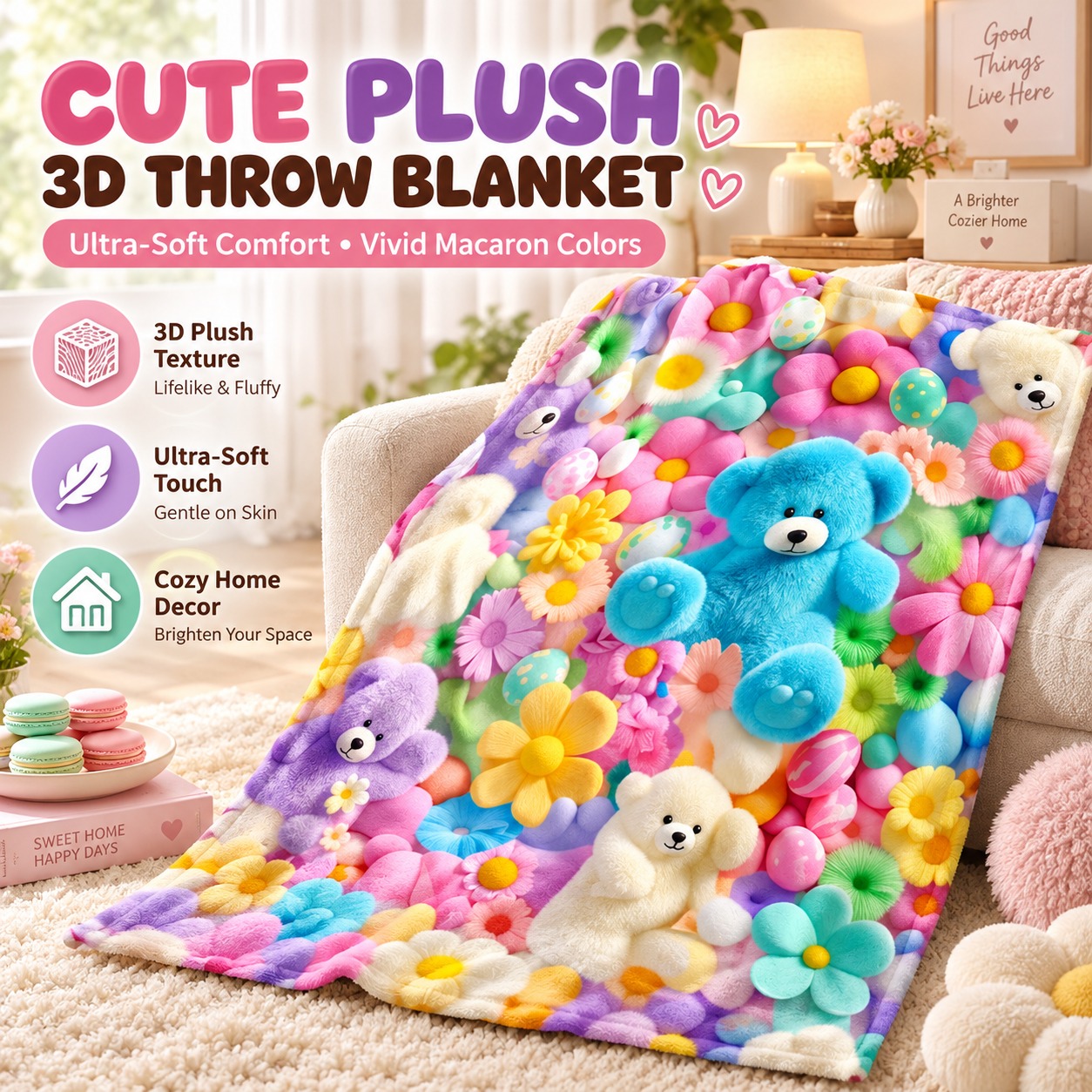 Cute plush 3D teddy and floral throw blanket