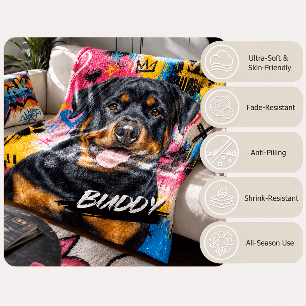 Personalized Graffiti Oil Pet Photo Soft Throw Blanket with Name Home Decor Daily Use Birthday Gift for Pet Lovers Family