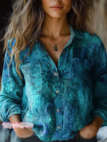 Women’s Vintage Floral Art Print Casual Long Sleeve Comfortable Cotton Shirt Multicolor / S