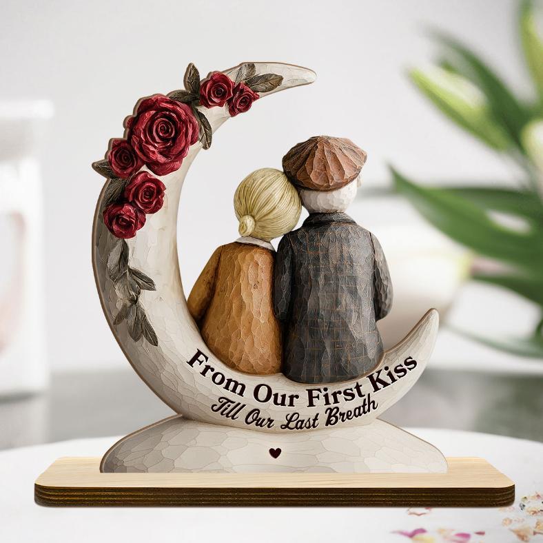 Eternal Embrace On The Crescent Moon - Personalized 2-Layer Wood Plaque With Flat Base