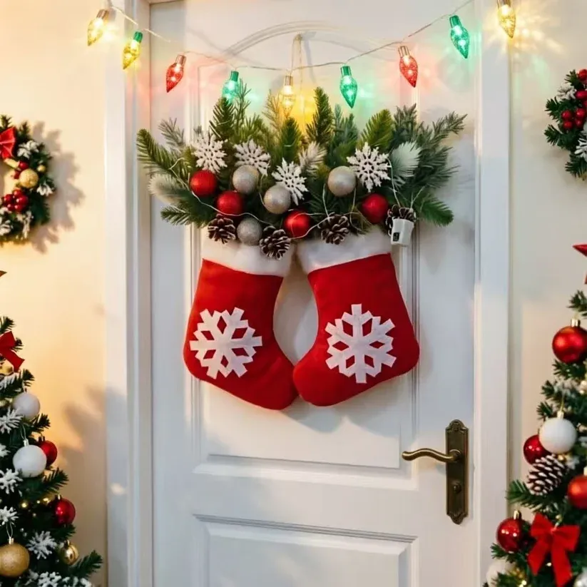 🎄🎅Sparkling Christmas Wreath with Gloves and Artificial Flowers（With light）
