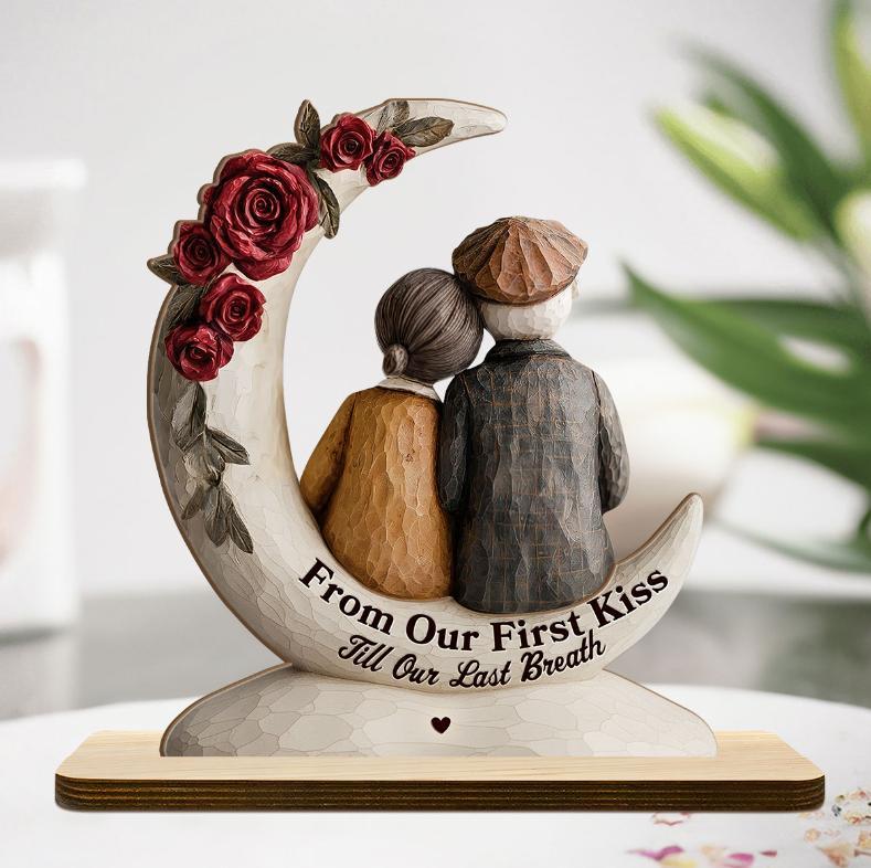 Eternal Embrace On The Crescent Moon - Personalized 2-Layer Wood Plaque With Flat Base