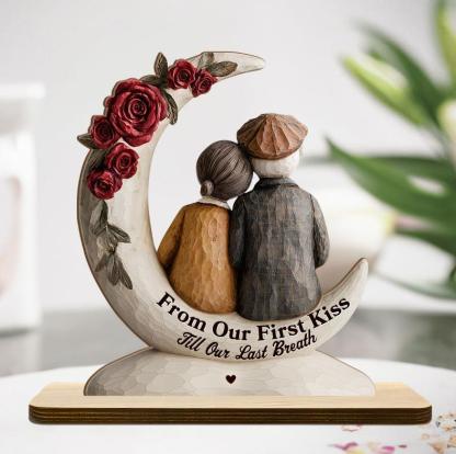 Eternal Embrace On The Crescent Moon - Personalized 2-Layer Wood Plaque With Flat Base