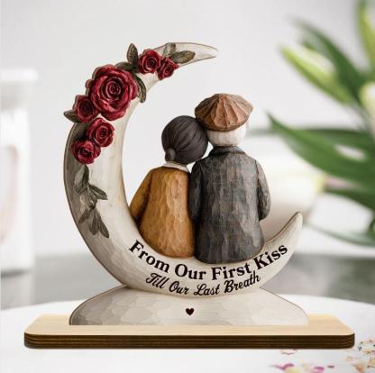 Eternal Embrace On The Crescent Moon - Personalized 2-Layer Wood Plaque With Flat Base