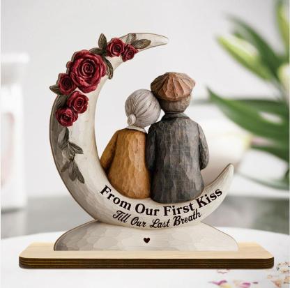 Eternal Embrace On The Crescent Moon - Personalized 2-Layer Wood Plaque With Flat Base