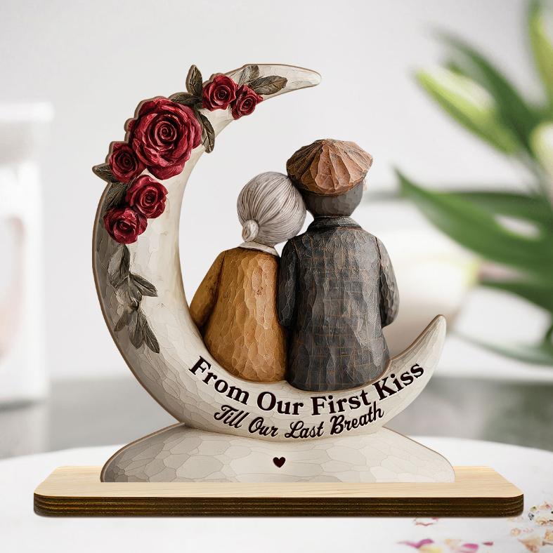 Eternal Embrace On The Crescent Moon - Personalized 2-Layer Wood Plaque With Flat Base