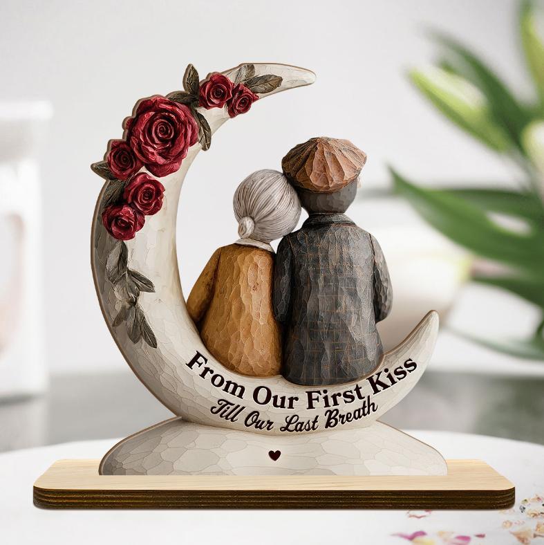 Eternal Embrace On The Crescent Moon - Personalized 2-Layer Wood Plaque With Flat Base