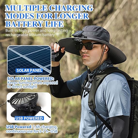 🔥Flash Sale 49% OFF - Wide Brim Solar Fan Outdoor Fishing Hat-Solar & USB Charging