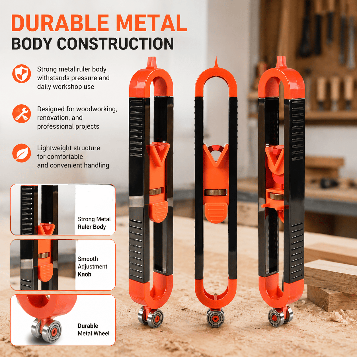 Durable orange and black metal contour gauge body