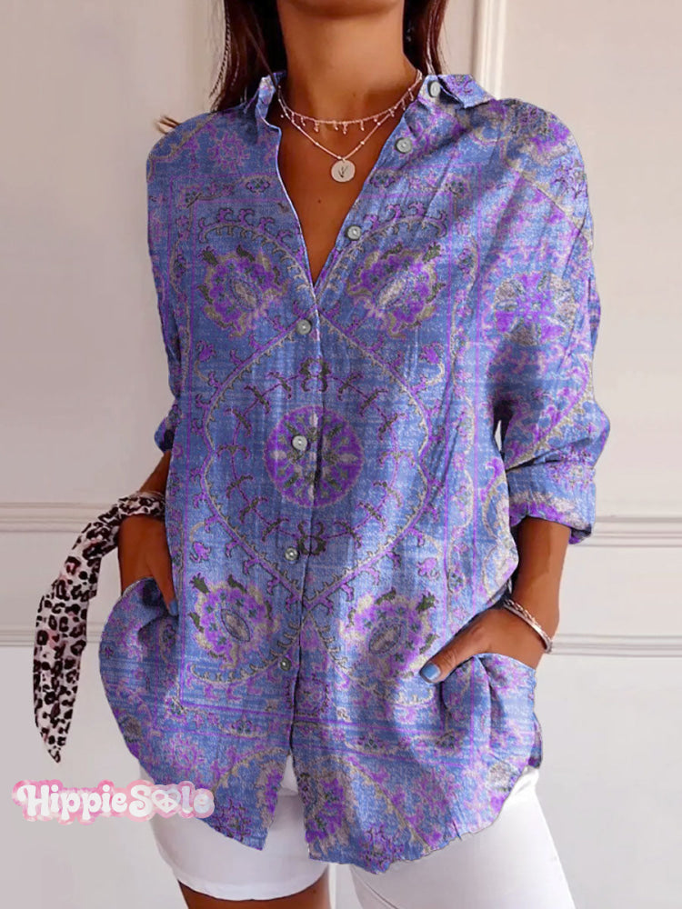 Women’s Colorful Retro Totem Print Casual Cotton Shirt Lavender / S