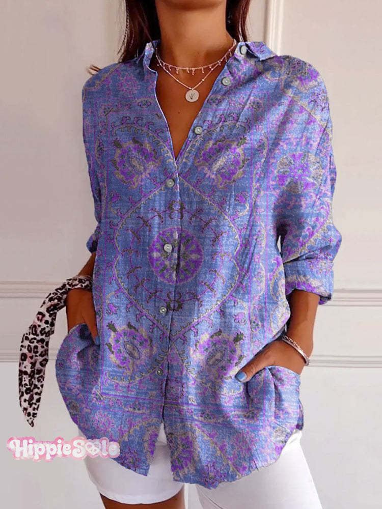Women’s Colorful Retro Totem Print Casual Cotton Shirt Lavender / S