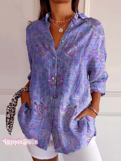 Women’s Colorful Retro Totem Print Casual Cotton Shirt Lavender / S