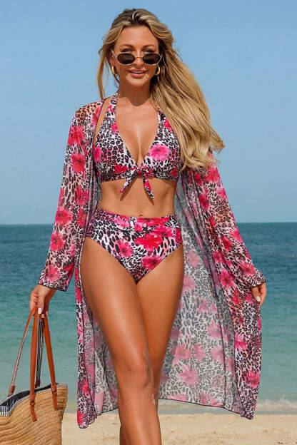 Leopard Floral Print Halter Bikini & Cover-Up 3-Piece Set
