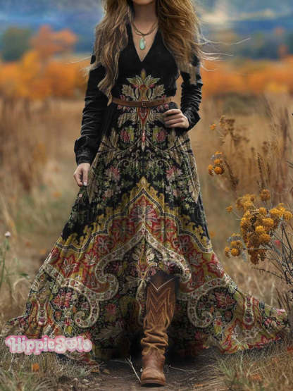Women’s Bohemian Ethnic Art Print V-Neck Long Sleeve Maxi Dress Multicolor / S