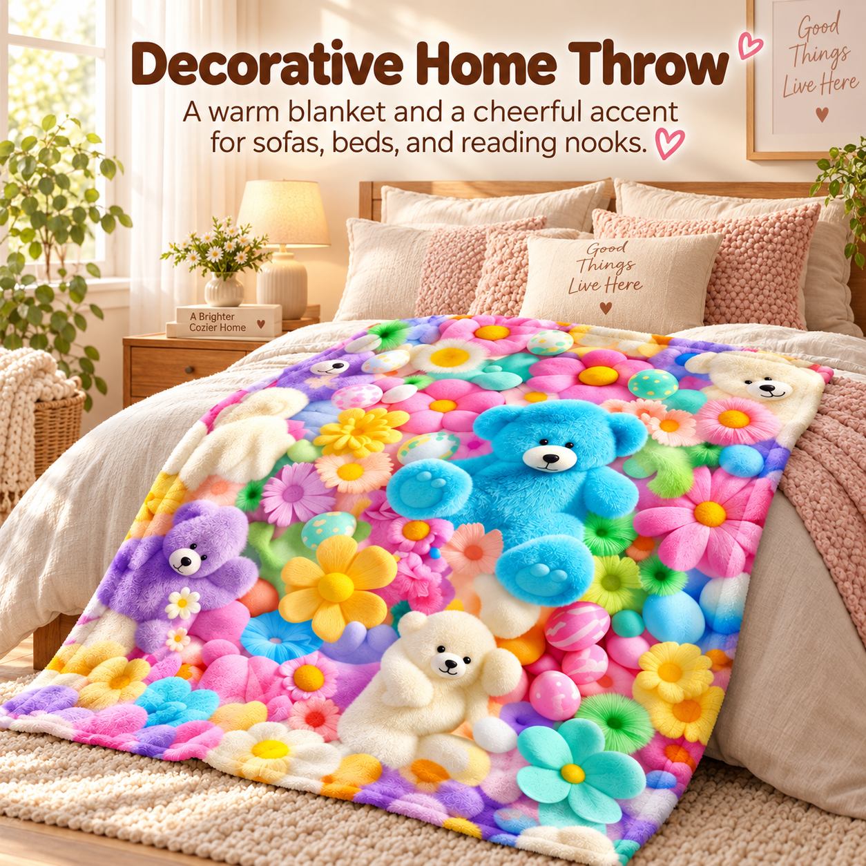 Colorful plush throw styled on a bed