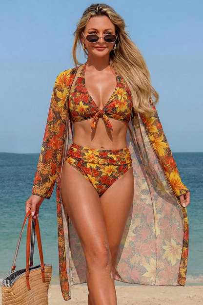 Leopard Floral Print Halter Bikini & Cover-Up 3-Piece Set