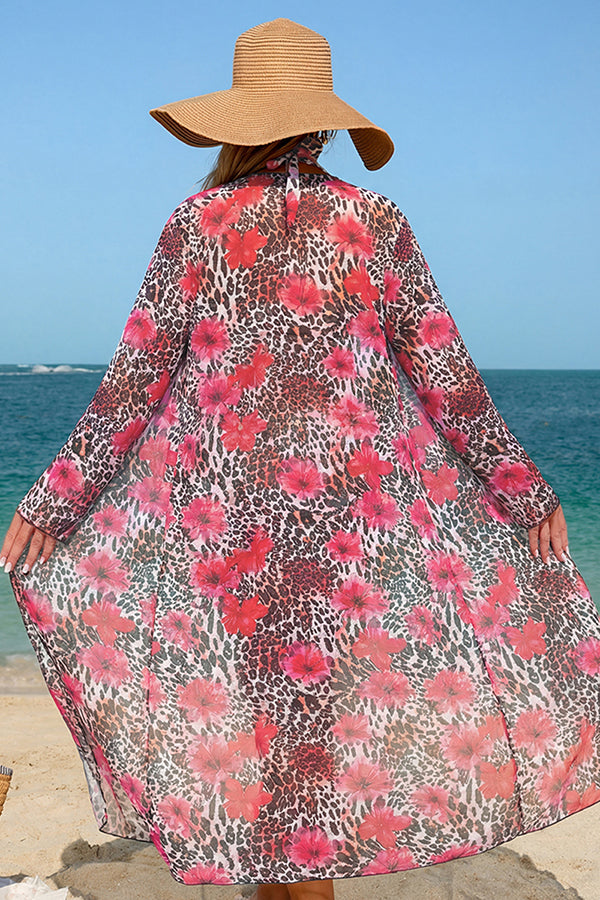 Leopard Floral Print Halter Bikini & Cover-Up 3-Piece Set