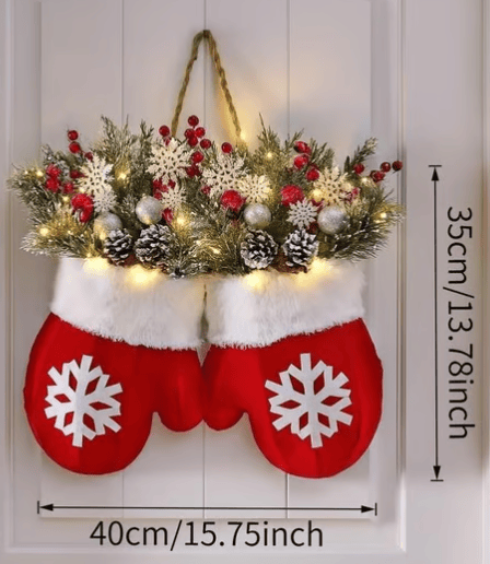 🎄🎅Sparkling Christmas Wreath with Gloves and Artificial Flowers（With light）