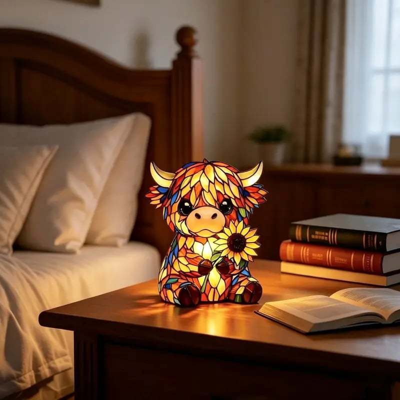 ✨ Creative Highland Cow LED Night Light, Home Cartoon Animal Resin Figurine, Cute Decorative Lamp for Kids' Room & Living Area, Table Bedside Lamp, USB Powered Lamp