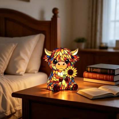 ✨ Creative Highland Cow LED Night Light, Home Cartoon Animal Resin Figurine, Cute Decorative Lamp for Kids' Room & Living Area, Table Bedside Lamp, USB Powered Lamp
