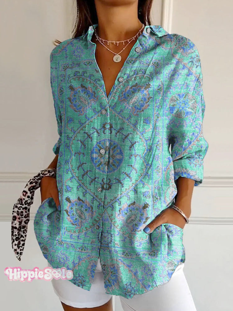 Women’s Colorful Retro Totem Print Casual Cotton Shirt Turquoiseblue / S
