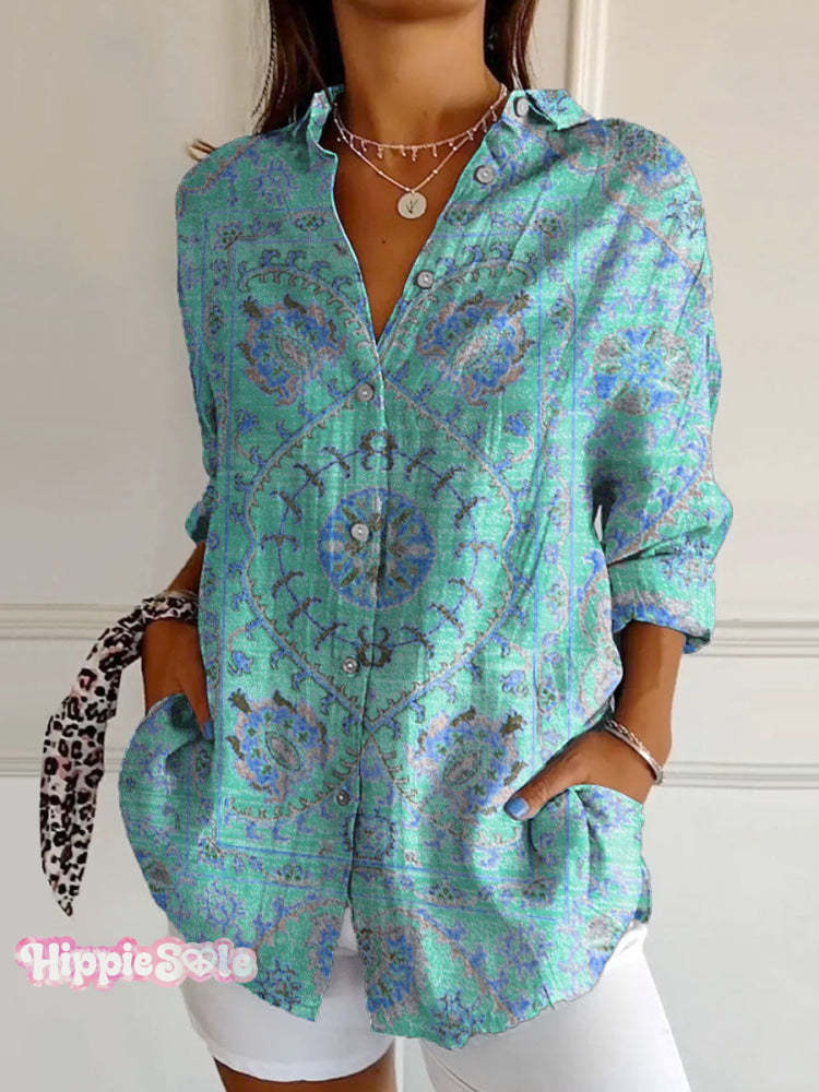 Women’s Colorful Retro Totem Print Casual Cotton Shirt Turquoiseblue / S