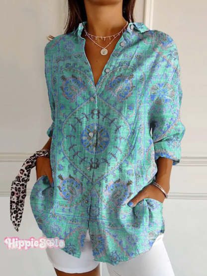 Women’s Colorful Retro Totem Print Casual Cotton Shirt Turquoiseblue / S