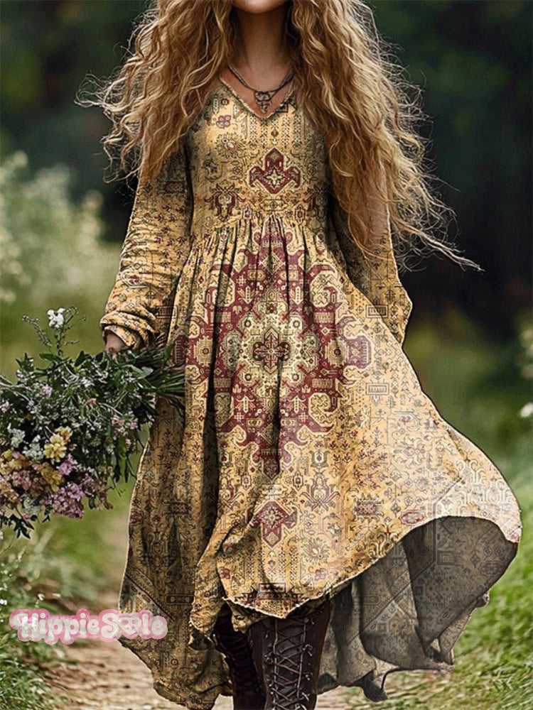 Women’s Retro Ethnic Floral Art Pattern Print V Neck Pocket Cotton Dress Multicolor / S